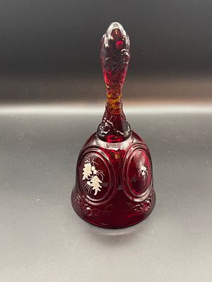 Vintage Fenton Ruby, Amberina Glass Christmas Bell Sparkle Paint, Signed by Artist 
