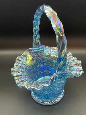 Vintage Fenton Blue Iridescent Glass Basket 7.5" Condition Yes, we will ship this item, we 