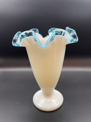 Vintage Fenton Blue Aqua Crest Ruffled Edge Glass Vase 6.75" Condition Yes, we will ship this 