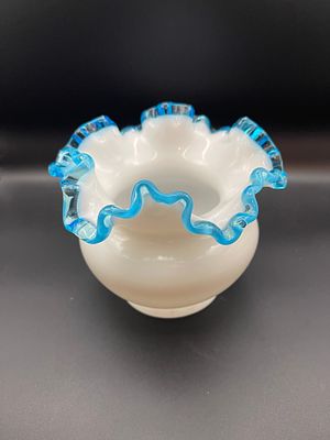 Vintage Fenton Blue Aqua Crest Ruffled Edge Glass vase 5x6" Condition Yes, we will ship this 