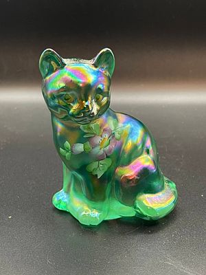 Vintage Fenton Hand Painted and Signed Green Carnival Glass Cat Condition Yes, we will ship 