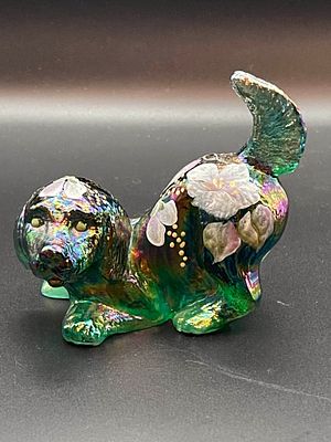Vintage Fenton Hand Painted and Signed Green Carnival Glass Dog 95th Anniversary Condition Yes 