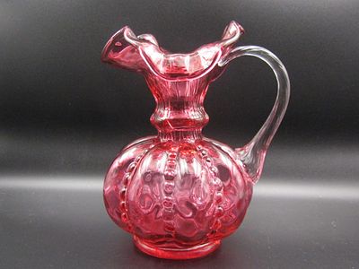 Vintage Fenton Cranberry Beaded Melon Clear Ribbed Handle Ruffled Edge Pitcher 6" Condition Yes 