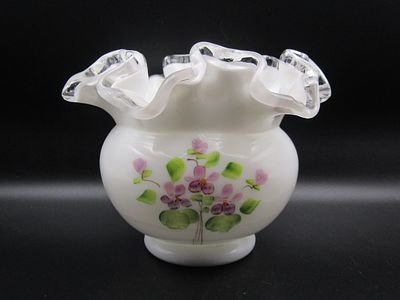 Vintage Fenton Silver Crest Hand Painted Ruffled Edge "Violets in the Snow" Fleming 4" 