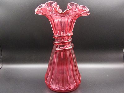 Vintage Fenton Cranberry Wheat Ruffled Edge Vase 8" Condition Yes, we will ship this item, we 