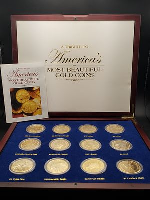 A Tribute to America's Most Beautiful Gold Coins in Gorgeous Display Case, Contains 12 Replica Coins