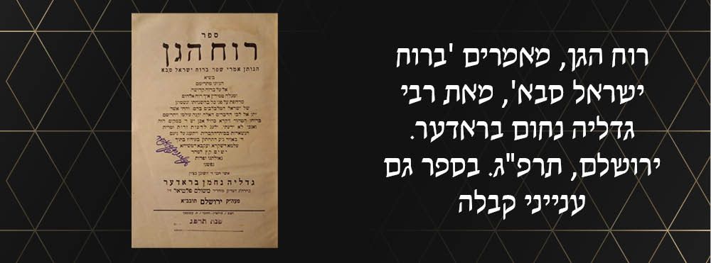 רוח הגן, מאמרים 'ברוח ישראל סבא' , מאת רבי גדליה נחמן בראדער. ירושלם, תרפ"ג. בספר גם ענייני קבלה. 