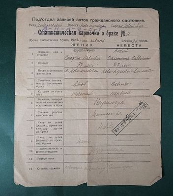 Новый Буг. 1922. Бракосочетание. Николаевский уезд. 30/д1/1003-ДИ. Состояние на фото. 1099/u7125