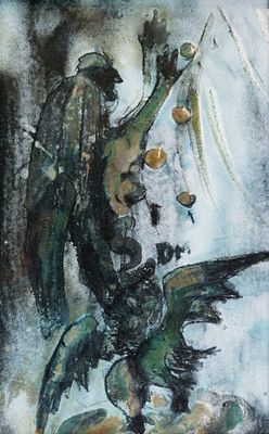 Худ. А. Ярошенко - Панно «Алчность», 1998 г. Эмаль, металл. В композиции преобладают темные 