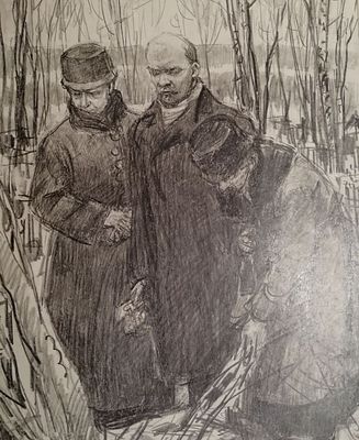 Рисунок, карандаш. Книжная графика. Ленин на деревенском кладбище. СП9. 30х21см.бумага 