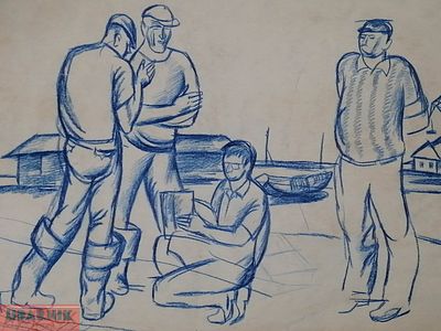 Рисунок, соцреализм, жанровая сцена. 1960-70 годы. Картина СССР БП5. Размер: 30х42 см. Бумага 
