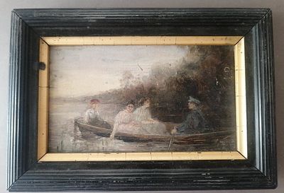 Прогулка в лодке Старая картина модерн , масло пейзаж Царизм до 1917 Империя Д114. Старая 