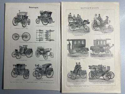Гравюра старинных автомобилей. Напечатано в 1898 году, Лейпциг, Германия. Торцовая гравюра на 