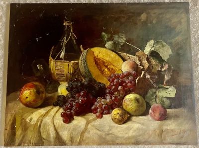 Менцель, Юлия (Menzel, Julic; 1853/1863-1942) Натюрморт с фруктами и бутылкой вина. 1895 год. 