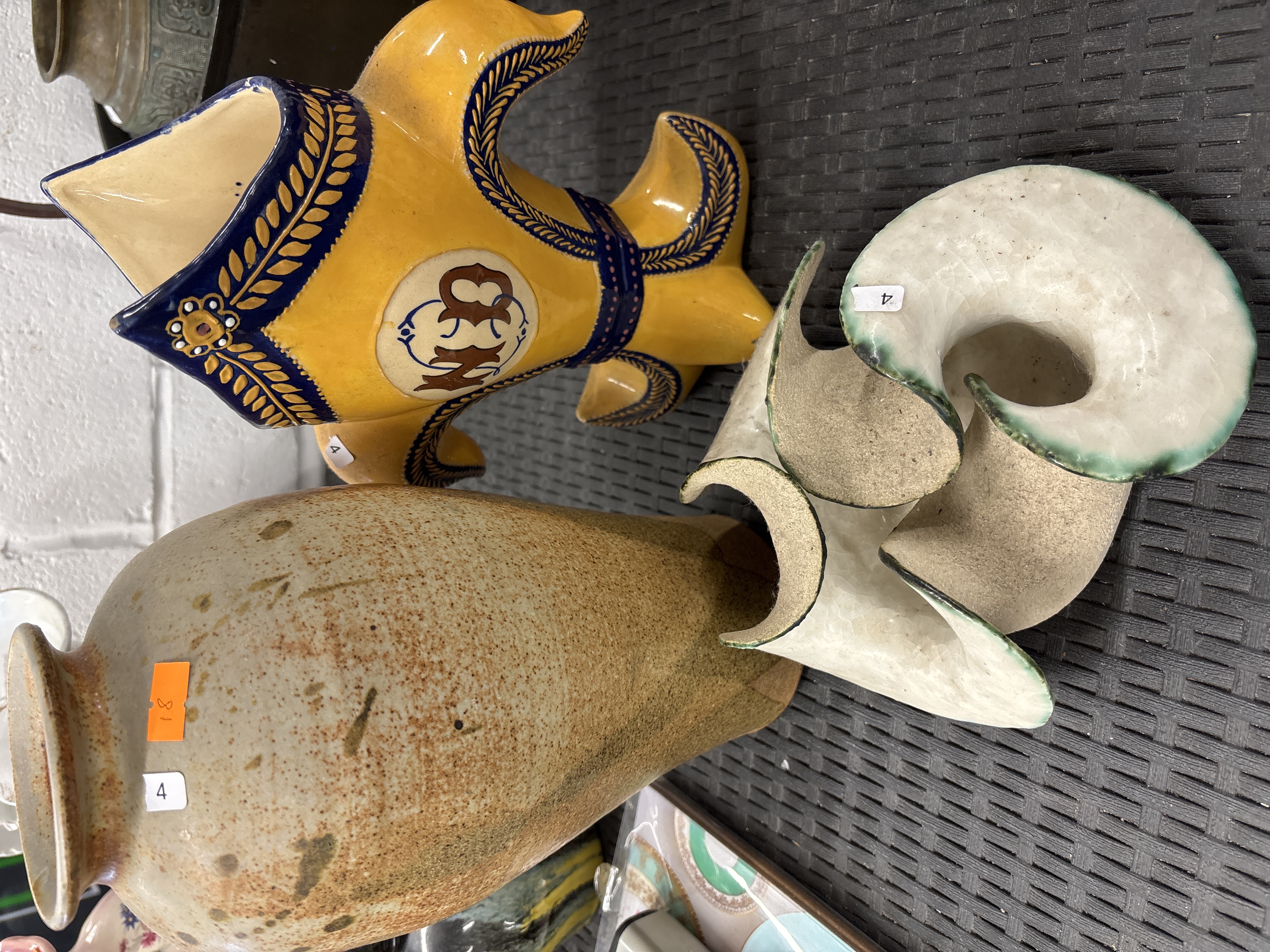 A Trio of Studio and Art Pottery Vessels including a Tin-Glazed Earthenware Fish Vase
