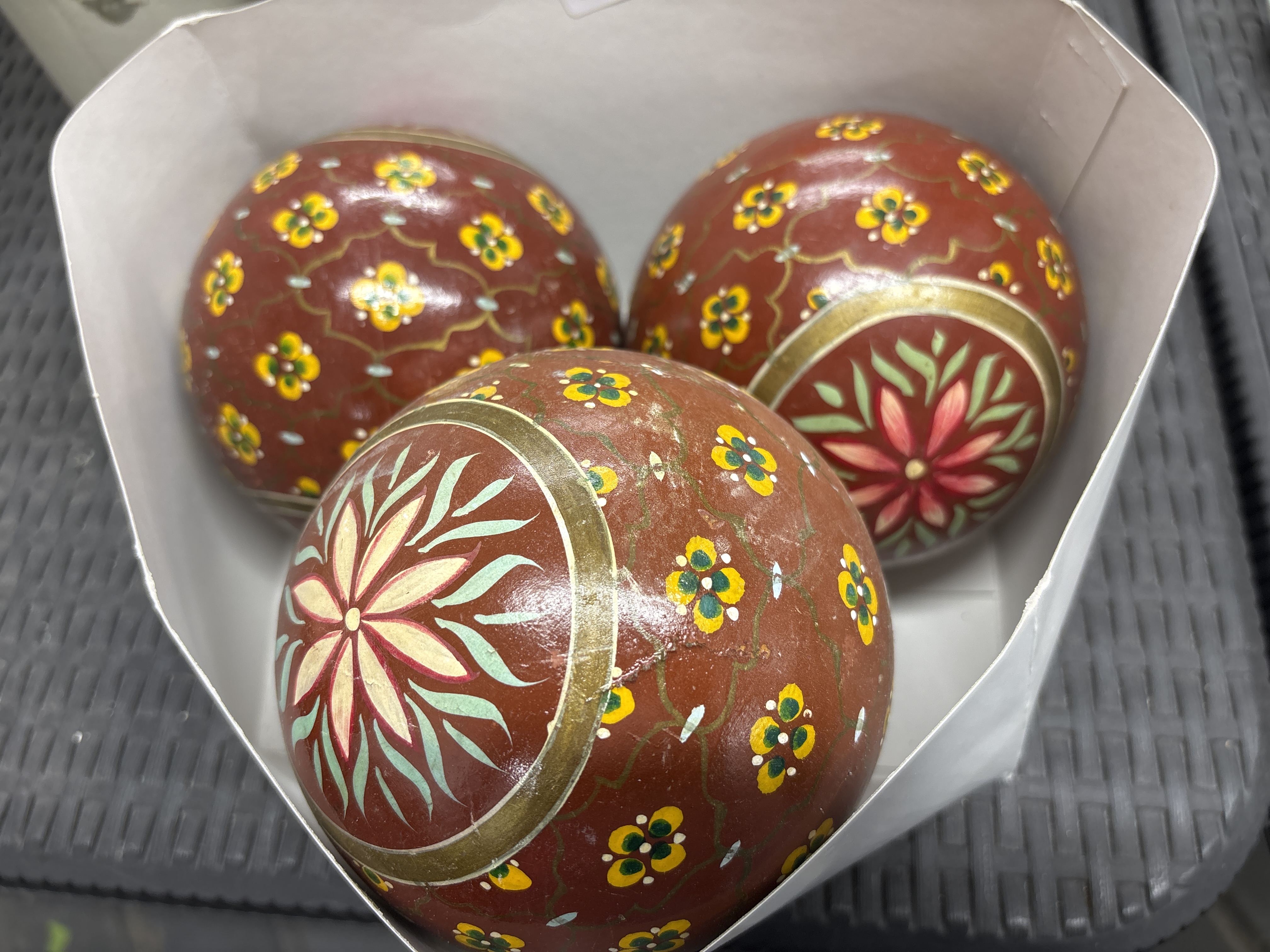 A Trio of Ukrainian Hand-Painted Wooden Pysanky Easter Eggs