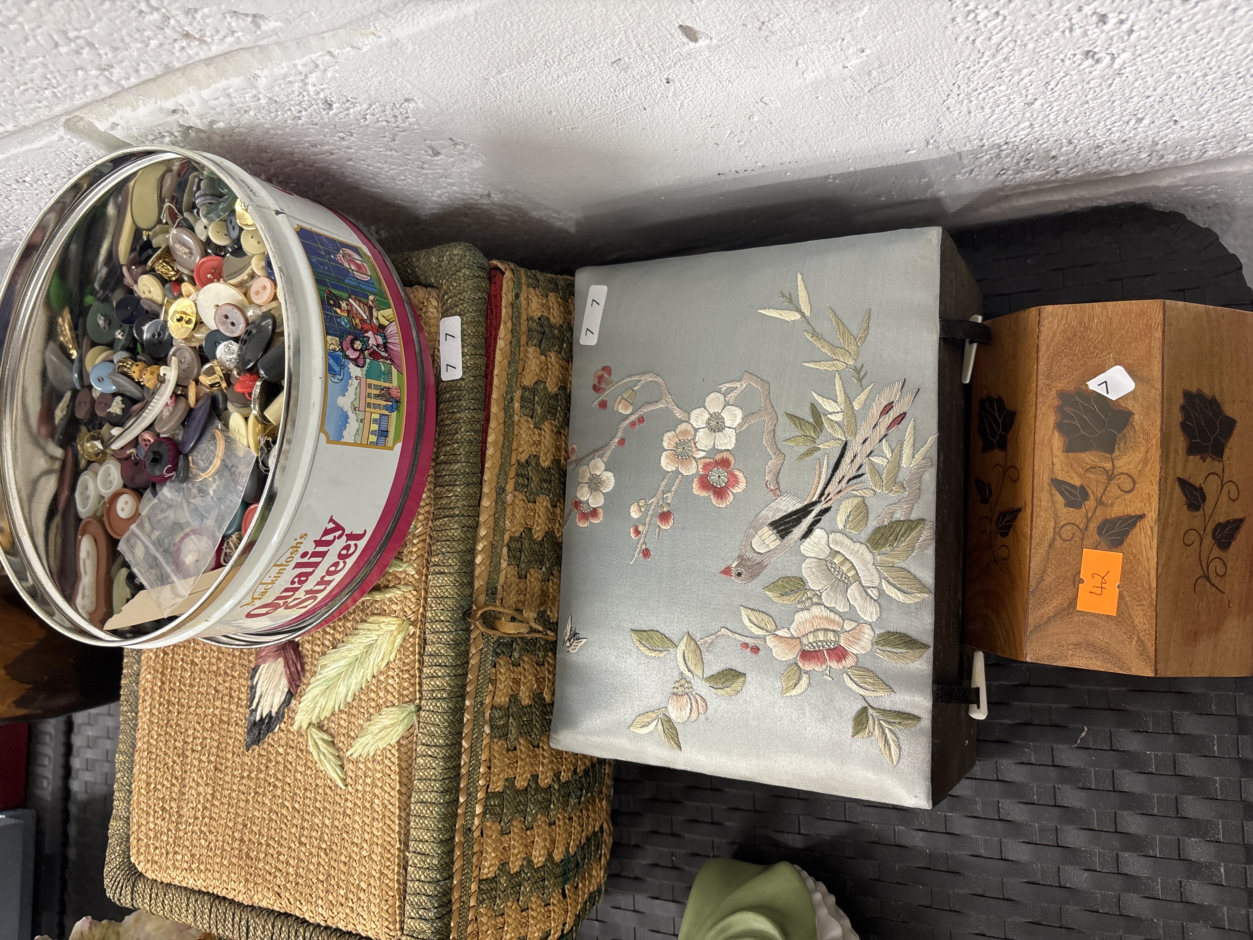 A Collection of Vintage Sewing and Decorative Storage Boxes and a Quality Street Confectionery Tin with Buttons