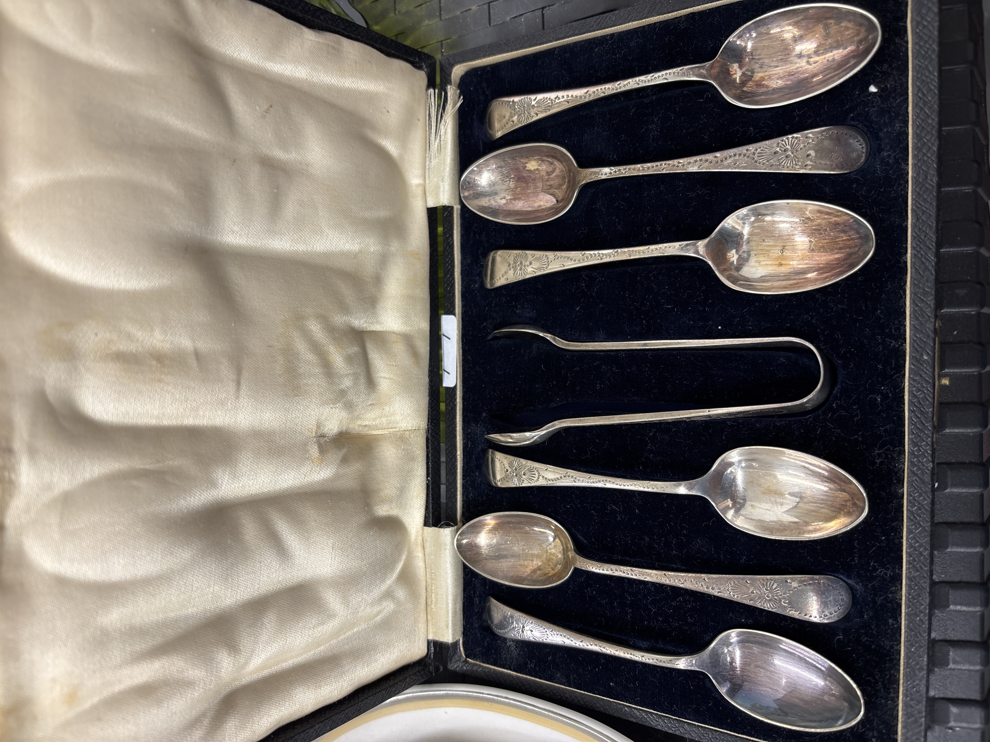 A Cased Set of Six Silver Toned EPNS Teaspoons and a Pair of Sugar Tongs