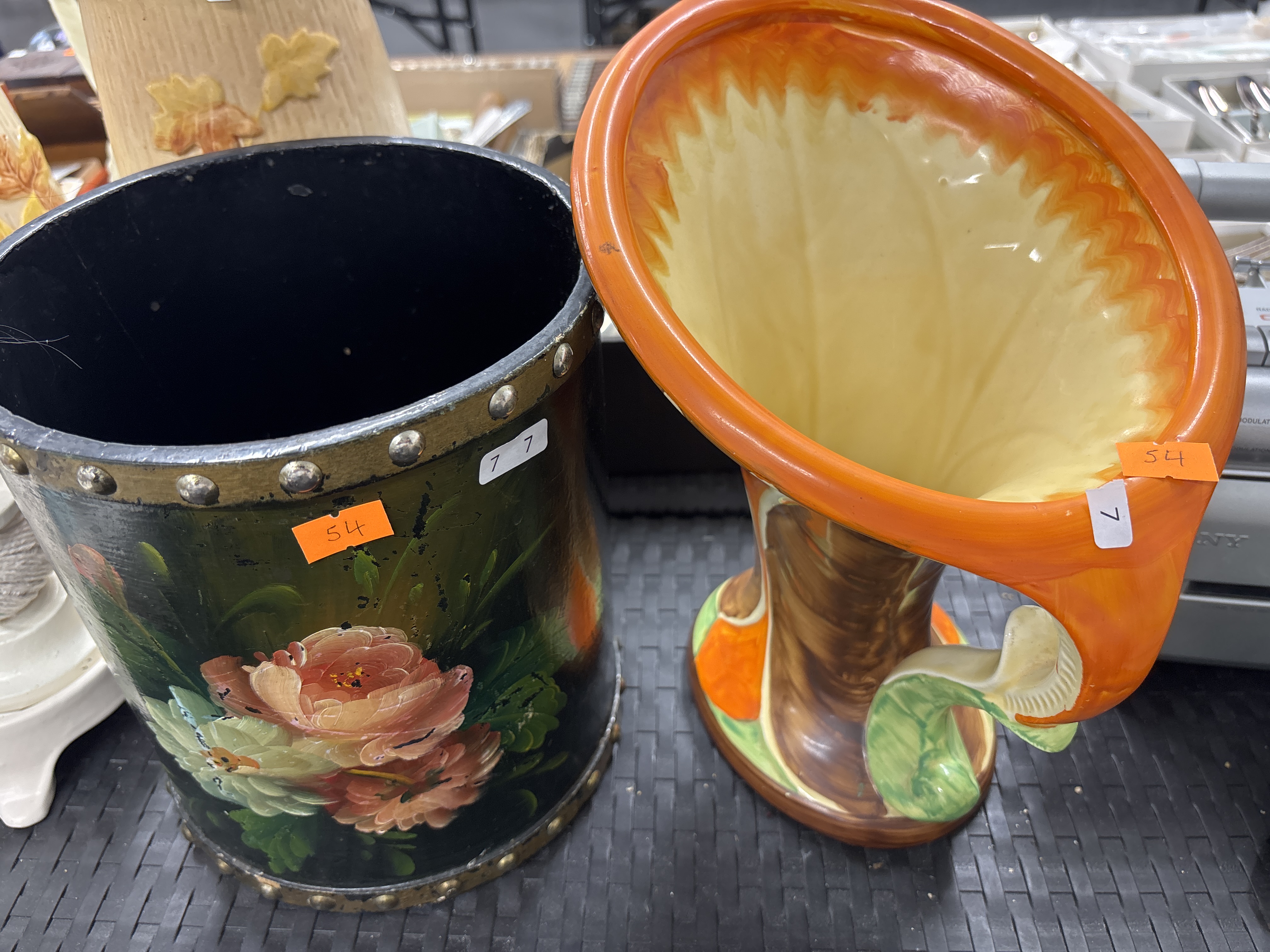 Two Decorative Items Comprising a Myott Son and Co Art Deco Pitcher and a Hand Painted Toleware Style Bin