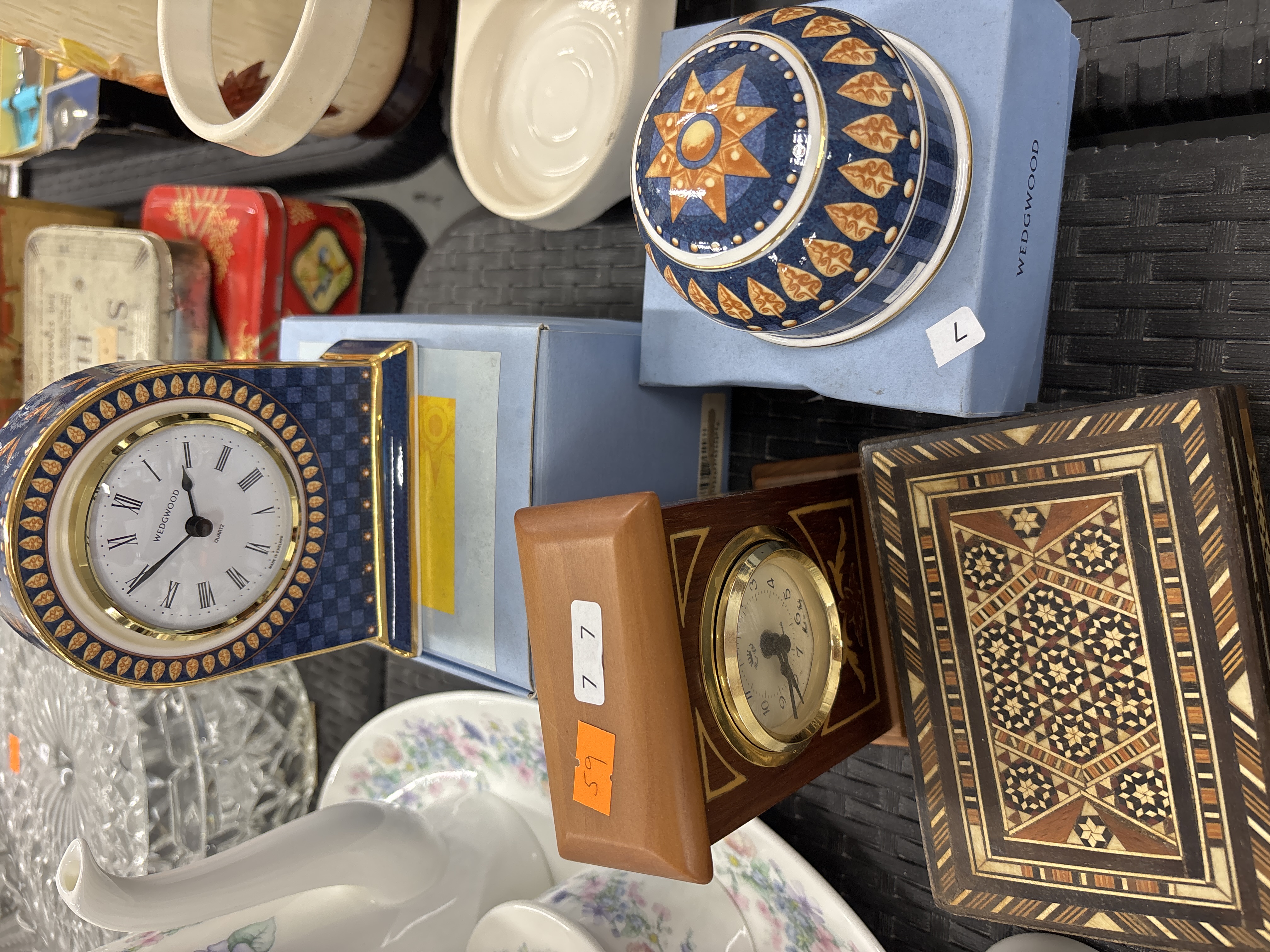 A Collection of Decorative Items including Wedgwood Ceramics and Inlaid Woodwork