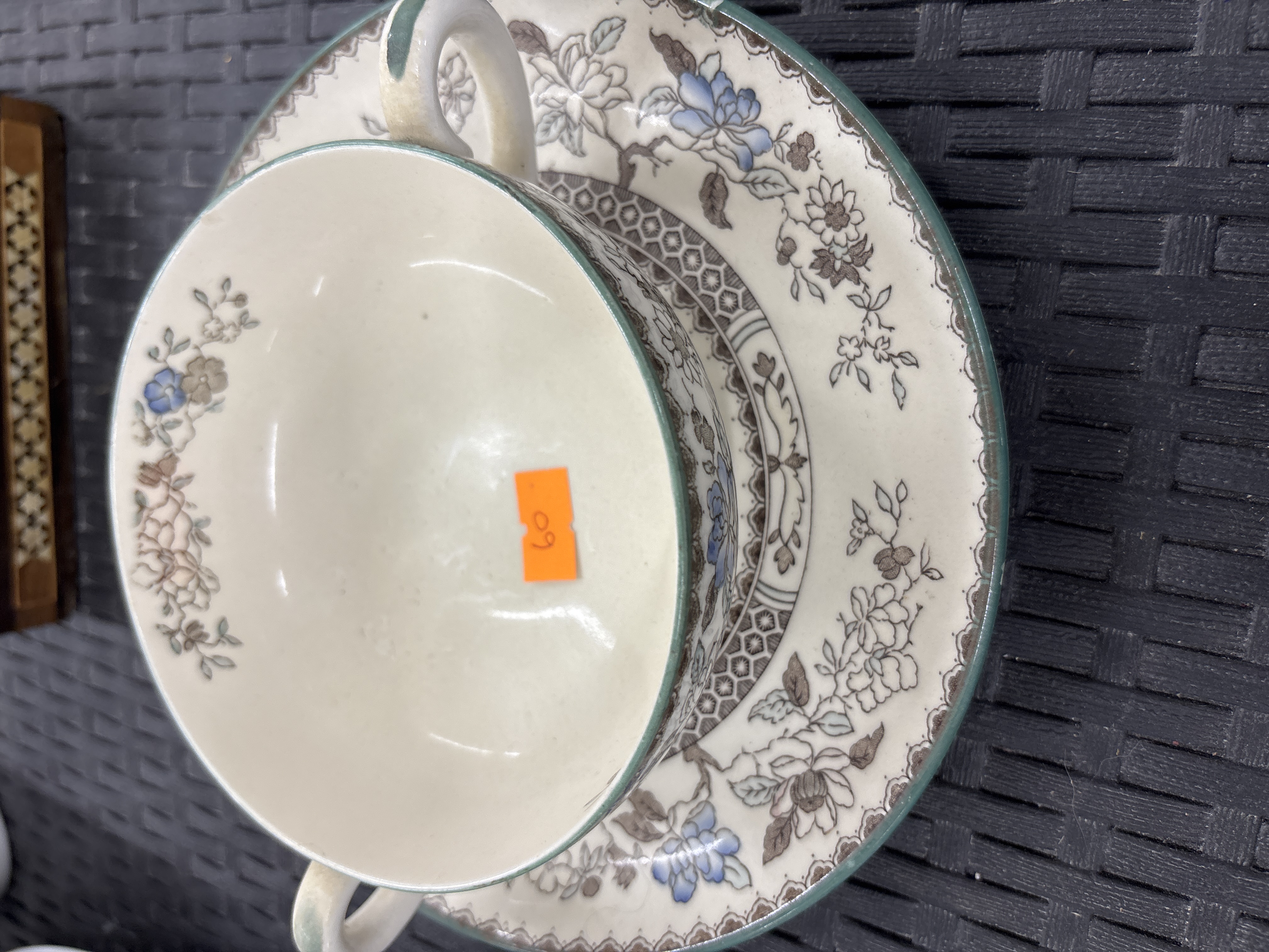 A Copeland Spode Chinese Rose Pattern Cream Soup Bowl and Saucer
