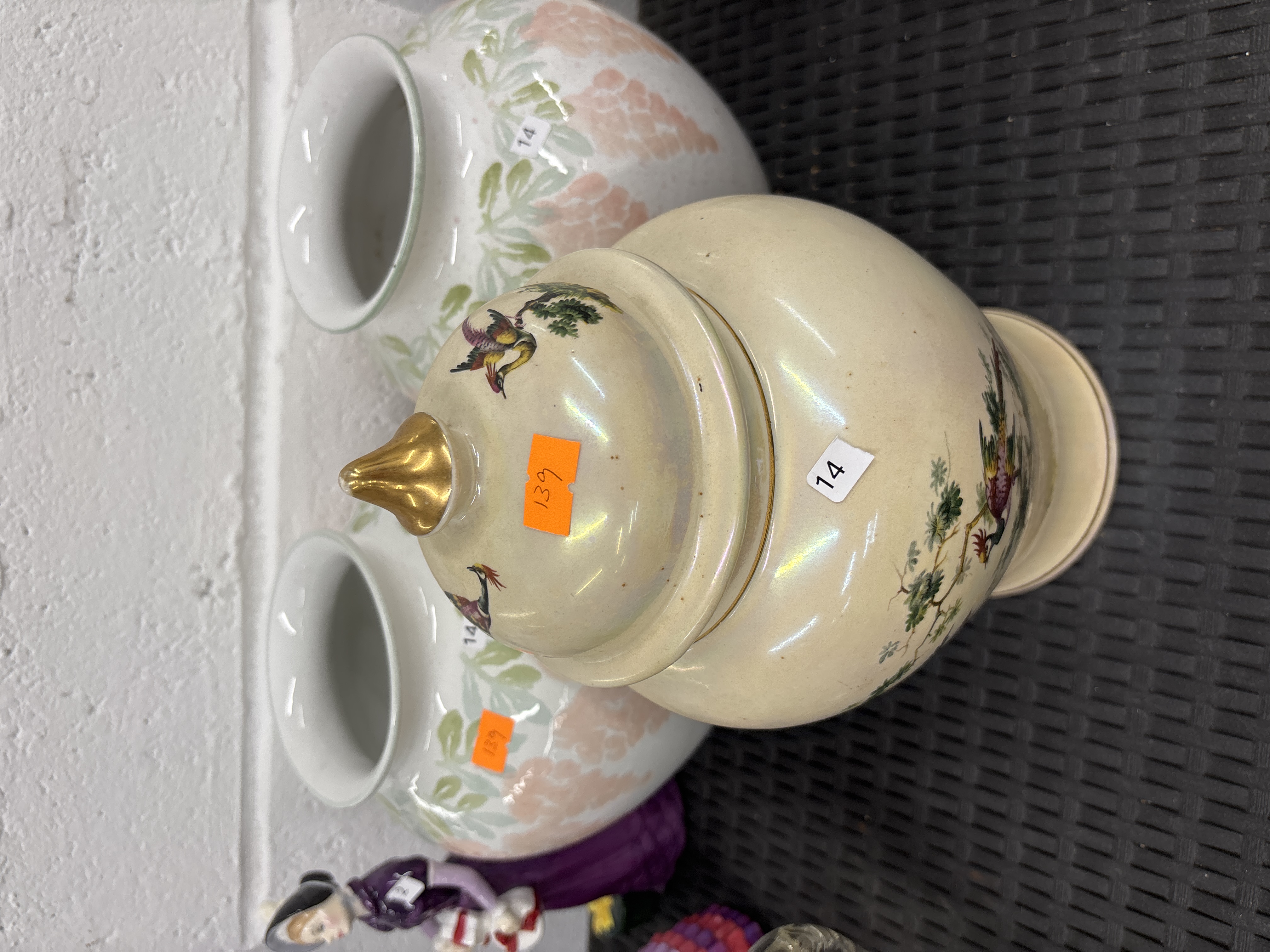 A Sadler Lustre Lidded Ginger Jar and a Pair of Floral Ceramic Jars