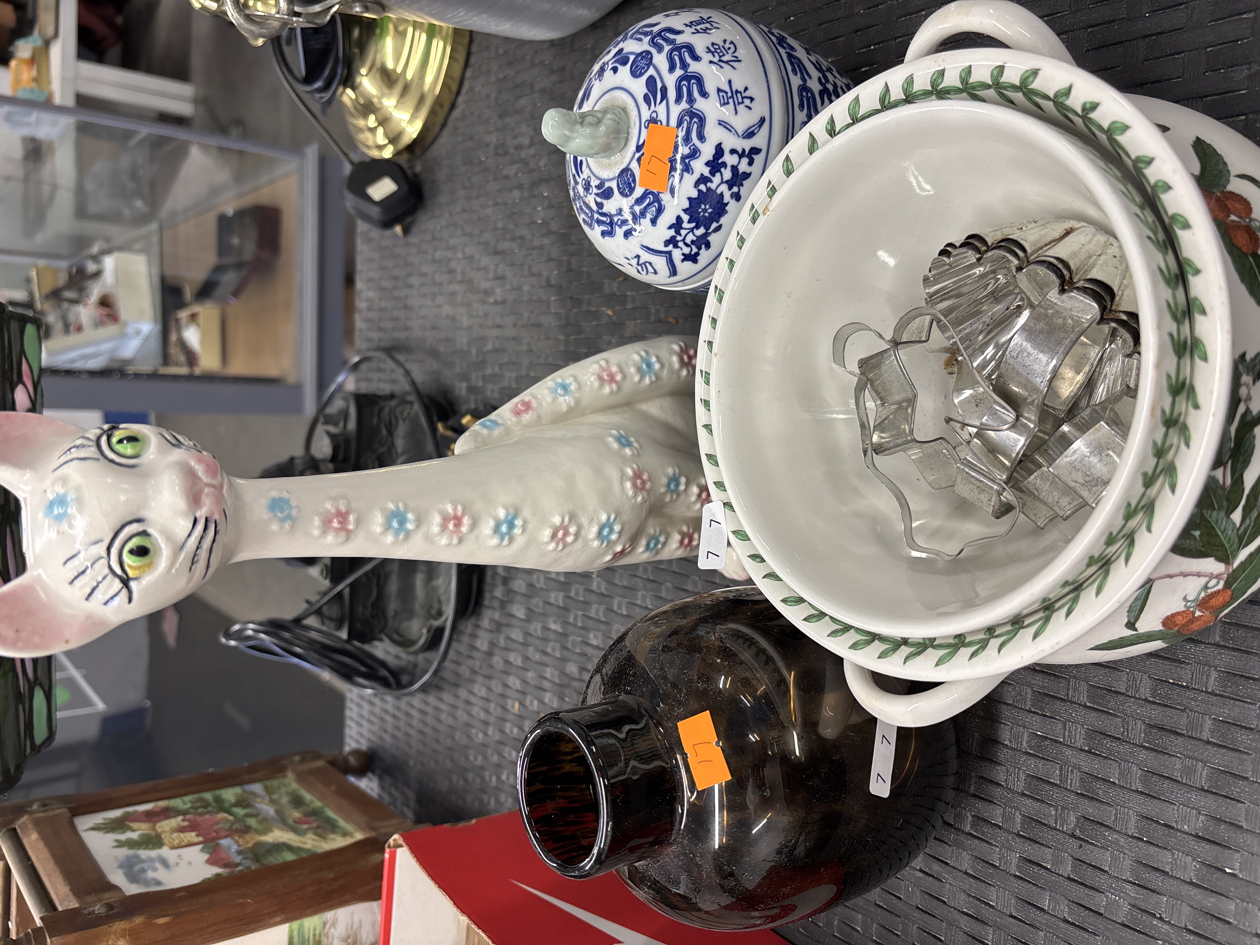 A Group of Decorative and Household Items including a Jingdezhen Ginger Jar and a Floral Ceramic Cat