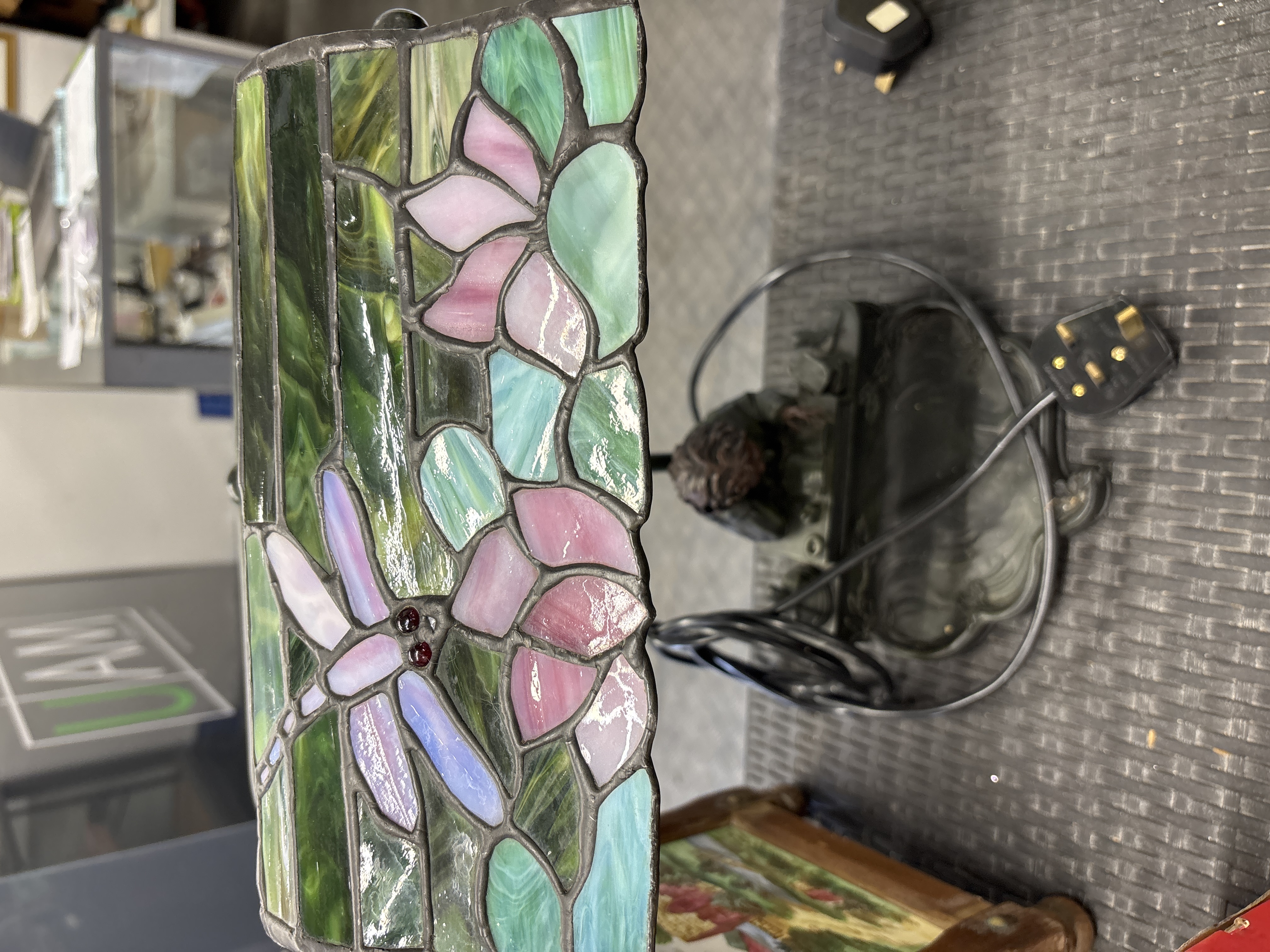 A Dragonfly and Floral Stained Glass Banker Style Desk Lamp