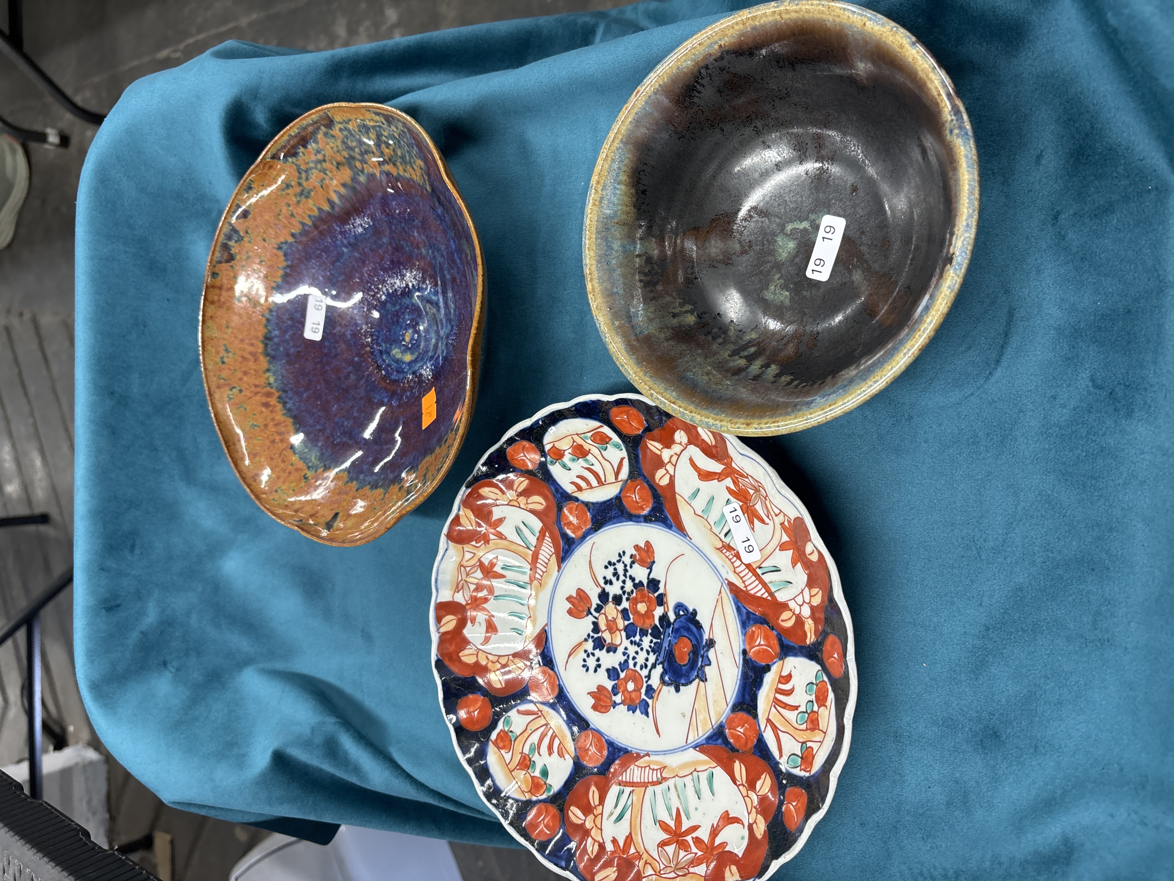 Three Ceramic Items Including a Japanese Imari Style Porcelain Dish and Two Glazed Stoneware Vessels