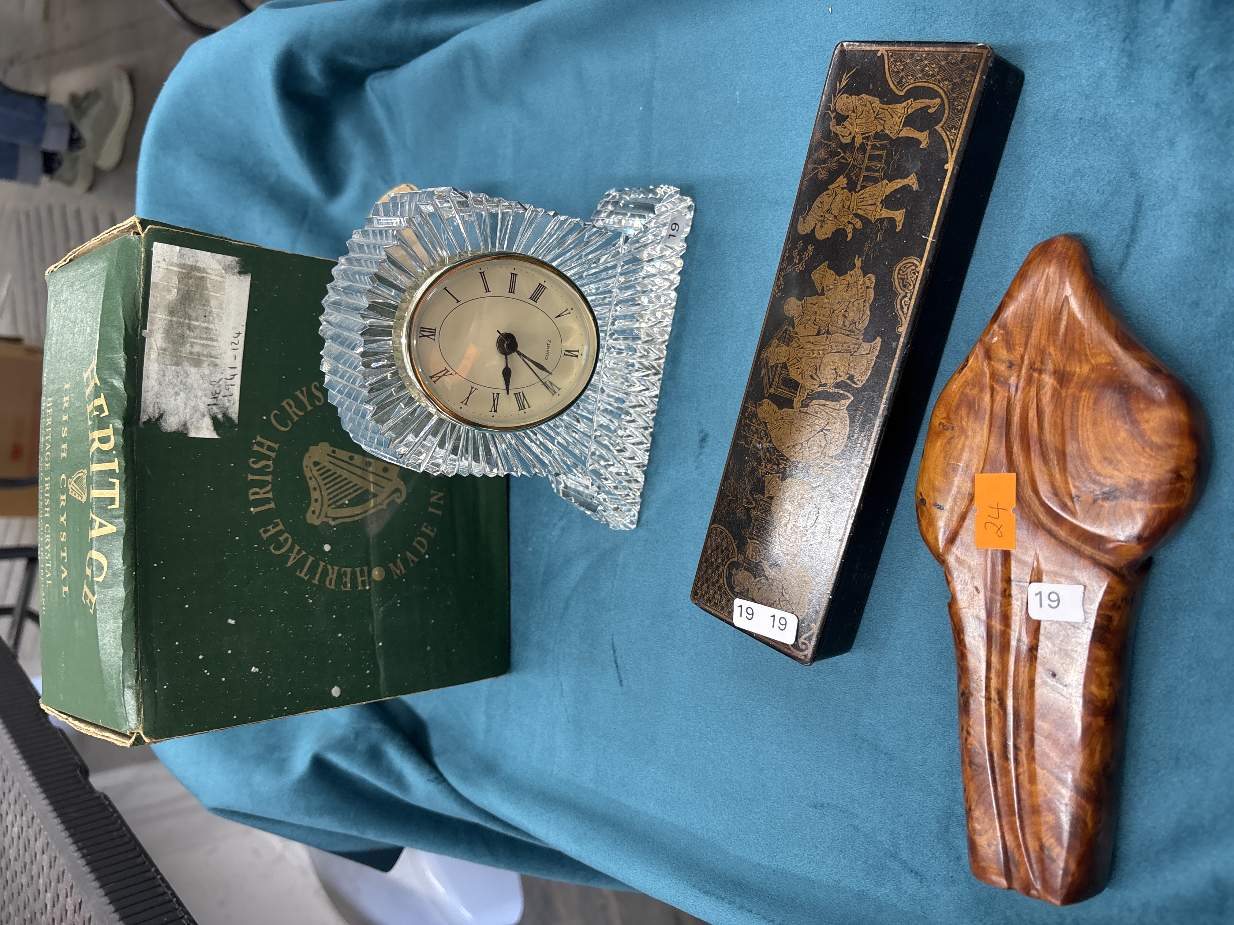 A Trio of Decorative Items Comprising a Heritage Irish Crystal Mantel Clock, a Chinoiserie Lacquer Box, and a Wood Carving