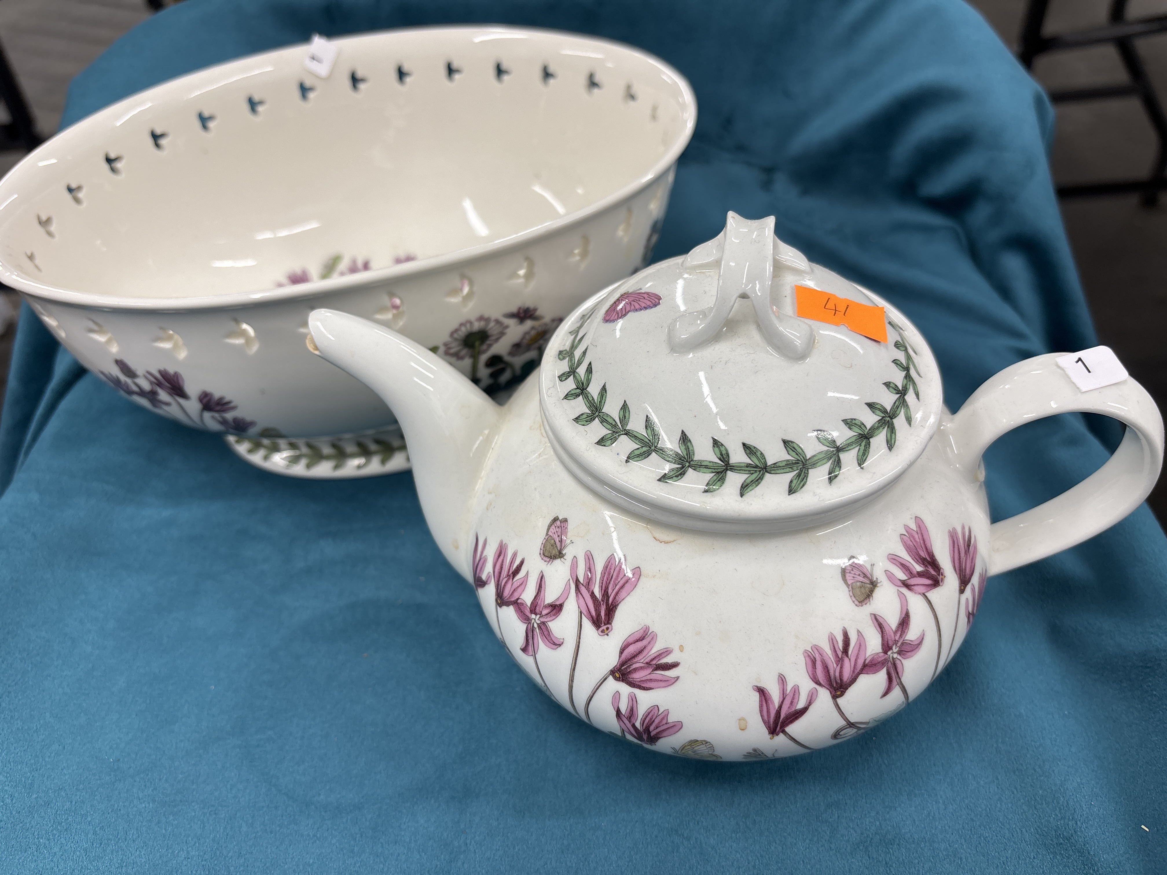 A Floral Pattern Glazed Earthenware Teapot and Pierced Bowl