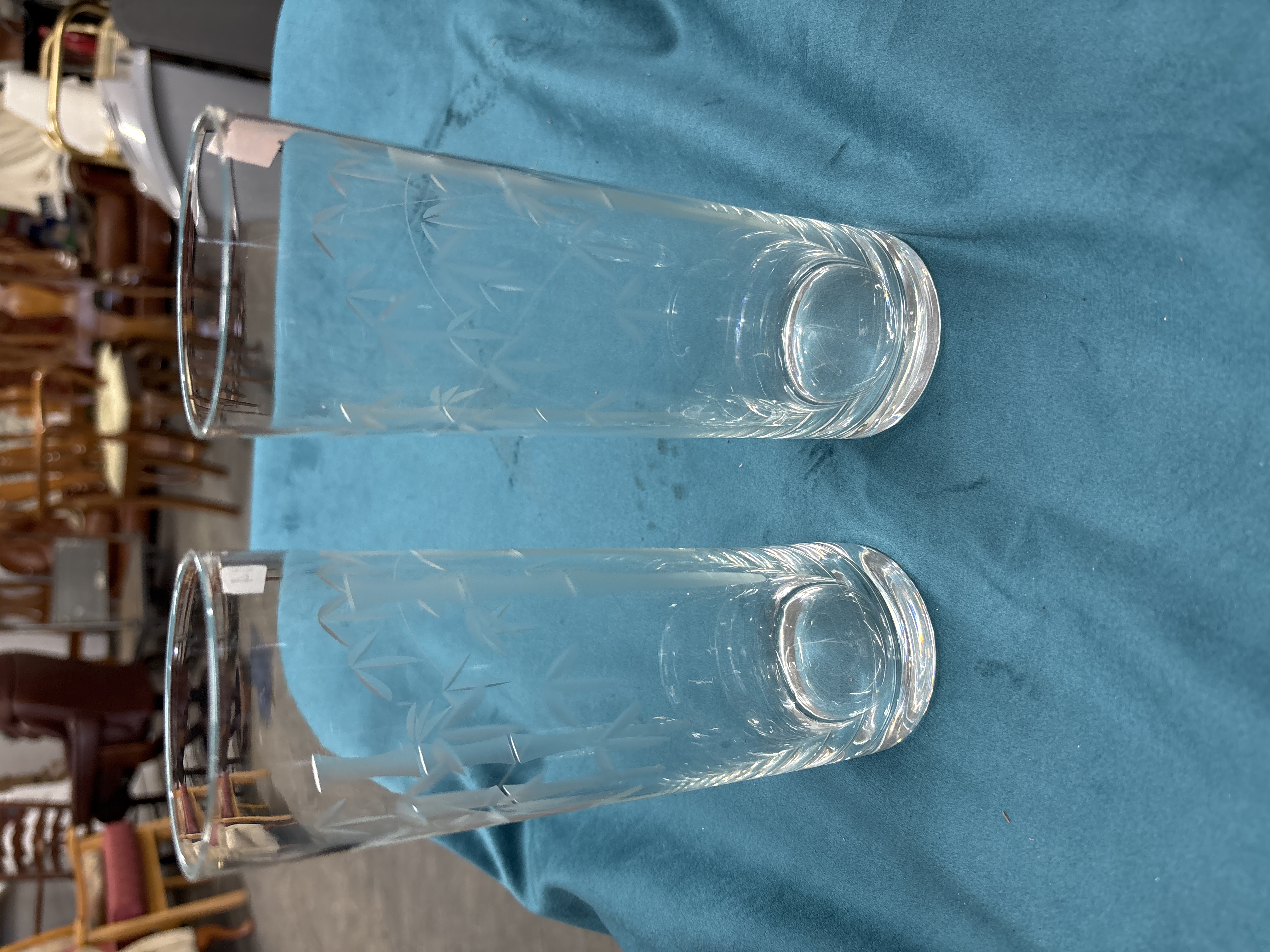 A Pair of Mid-Century Modern Etched Glass Highball Tumblers with Bamboo Motif