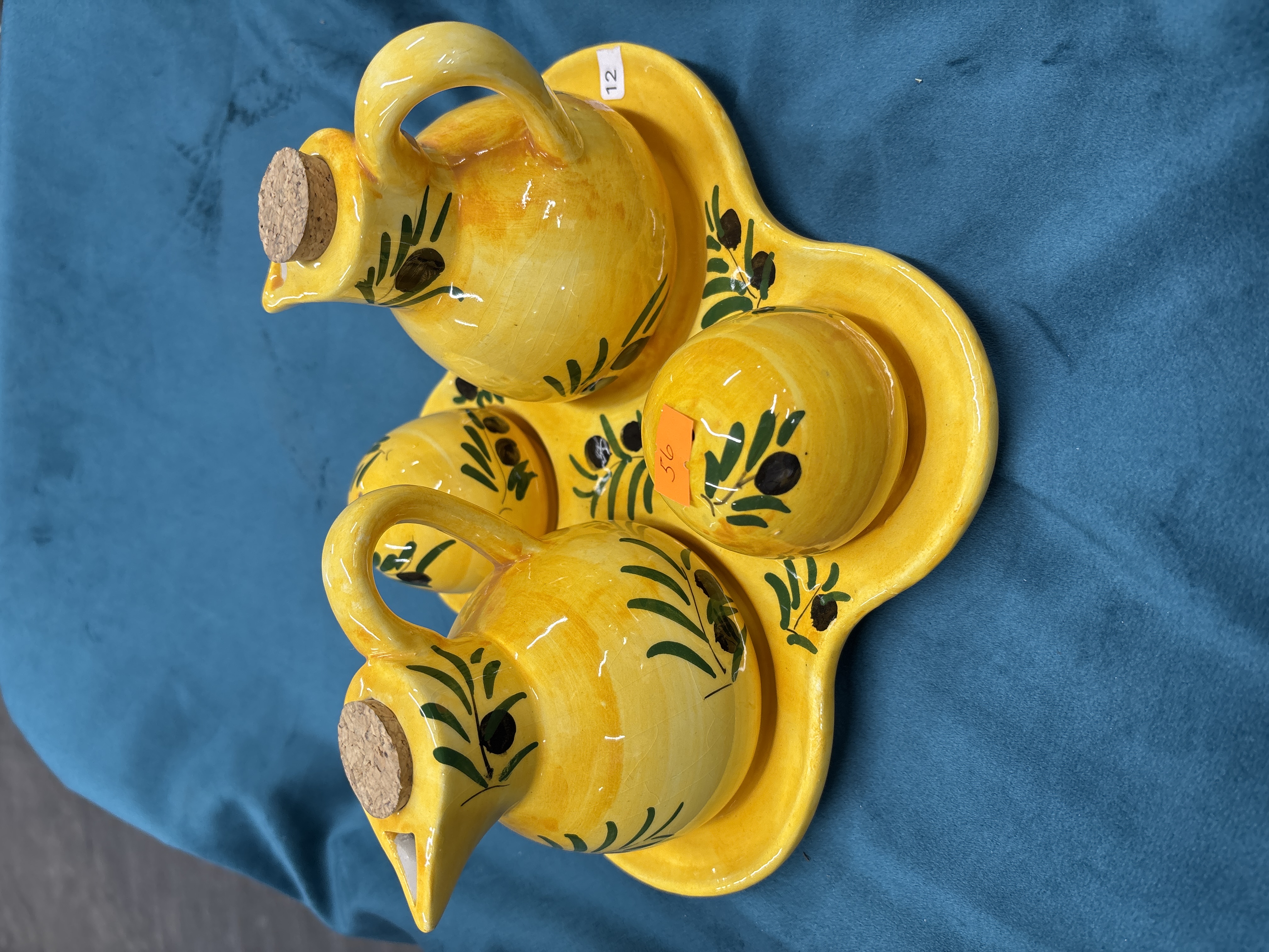 A Five-Piece Mediterranean Style Hand Painted Glazed Earthenware Condiment Set