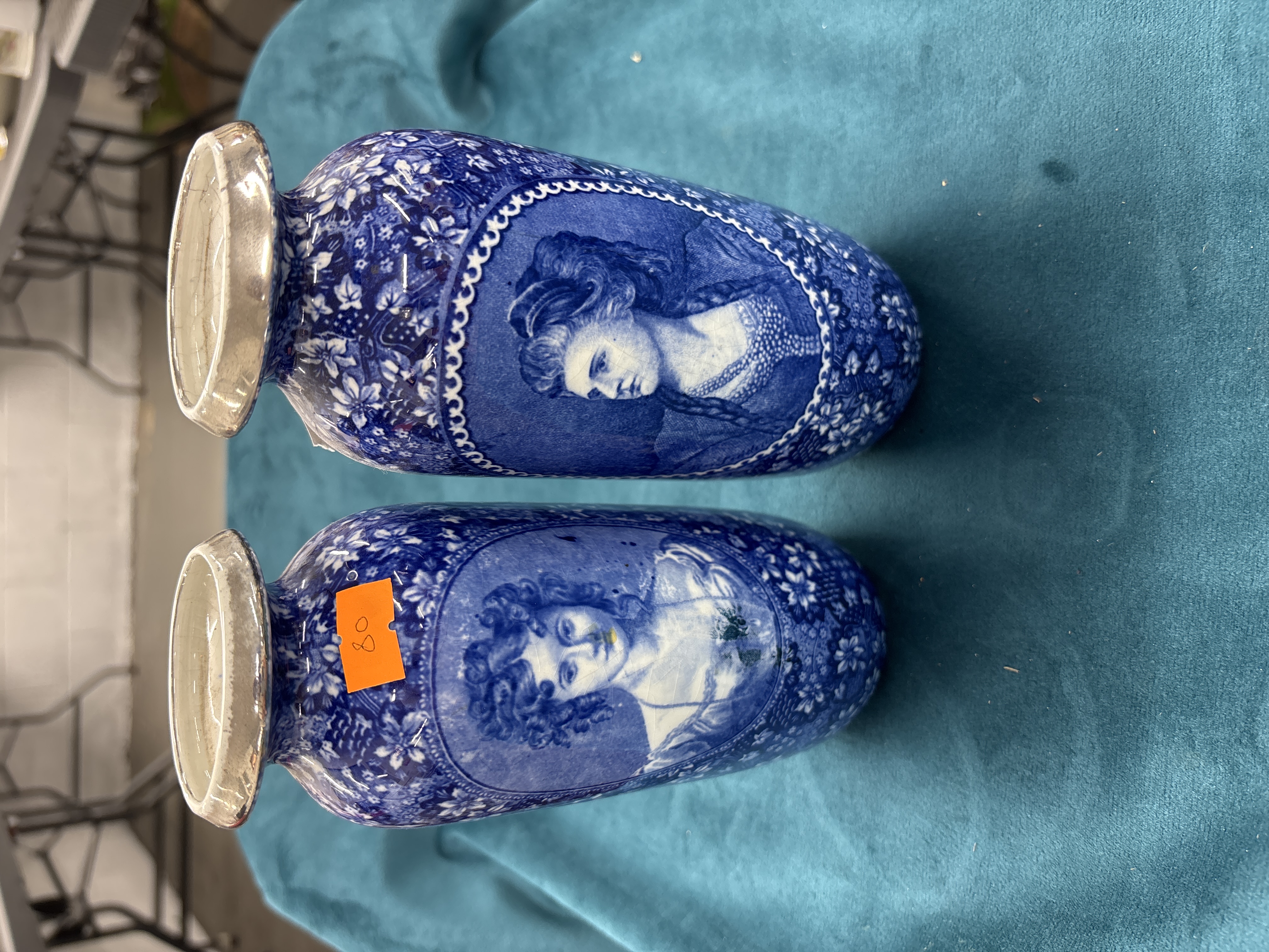 A Pair of Late 19th-Century Flow Blue Transfer-Printed Earthenware Vases with Female Portraits