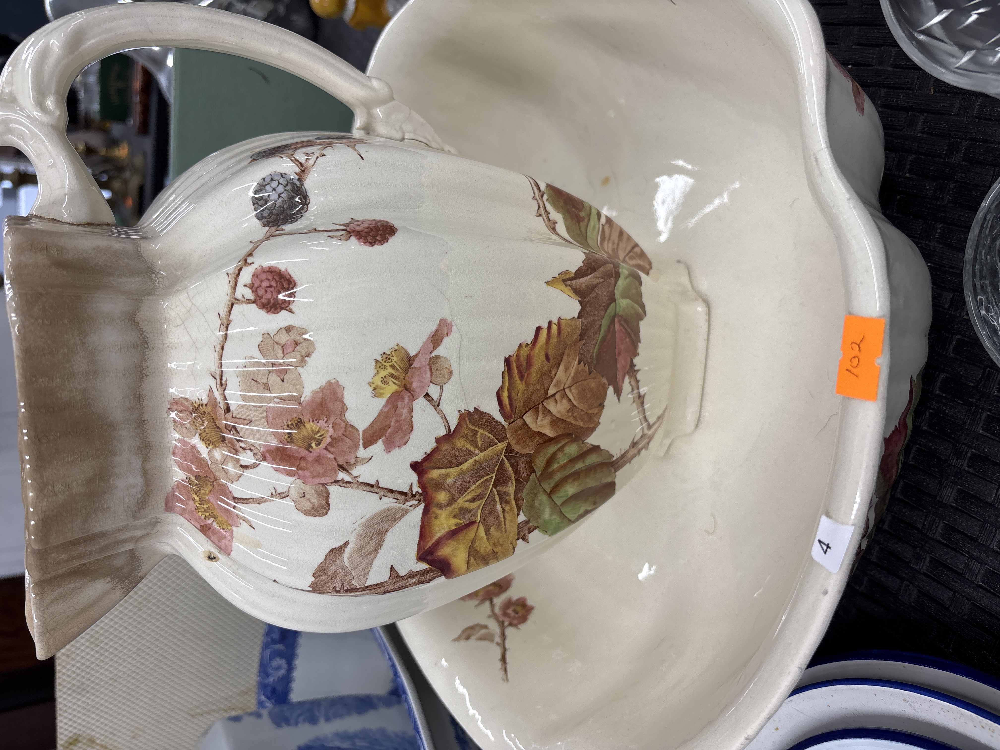 A Pair of Late Victorian Earthenware Wash Jug and Basin with Bramble Decoration