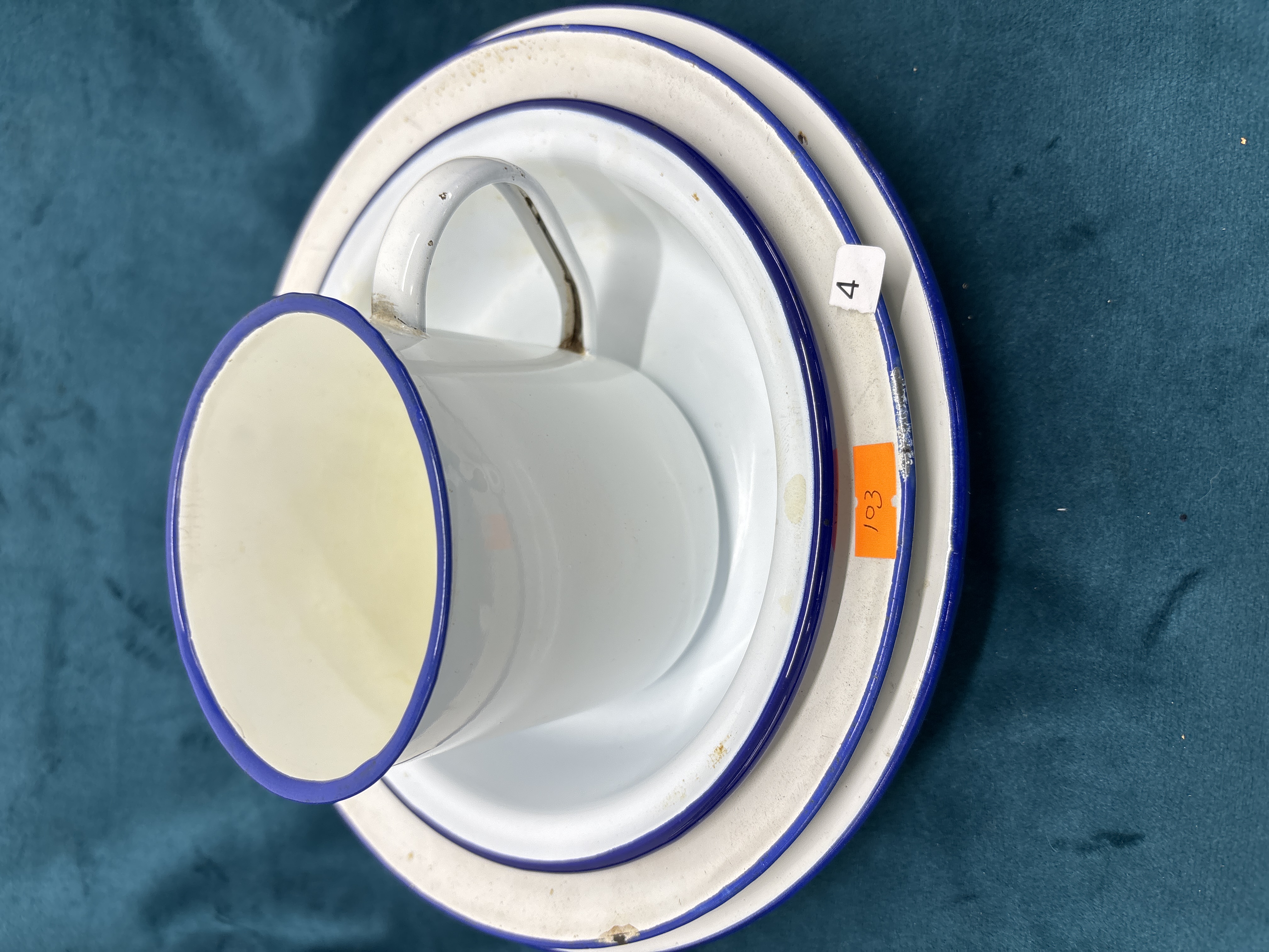 A Trio of Blue and White Enamelware Tableware Items