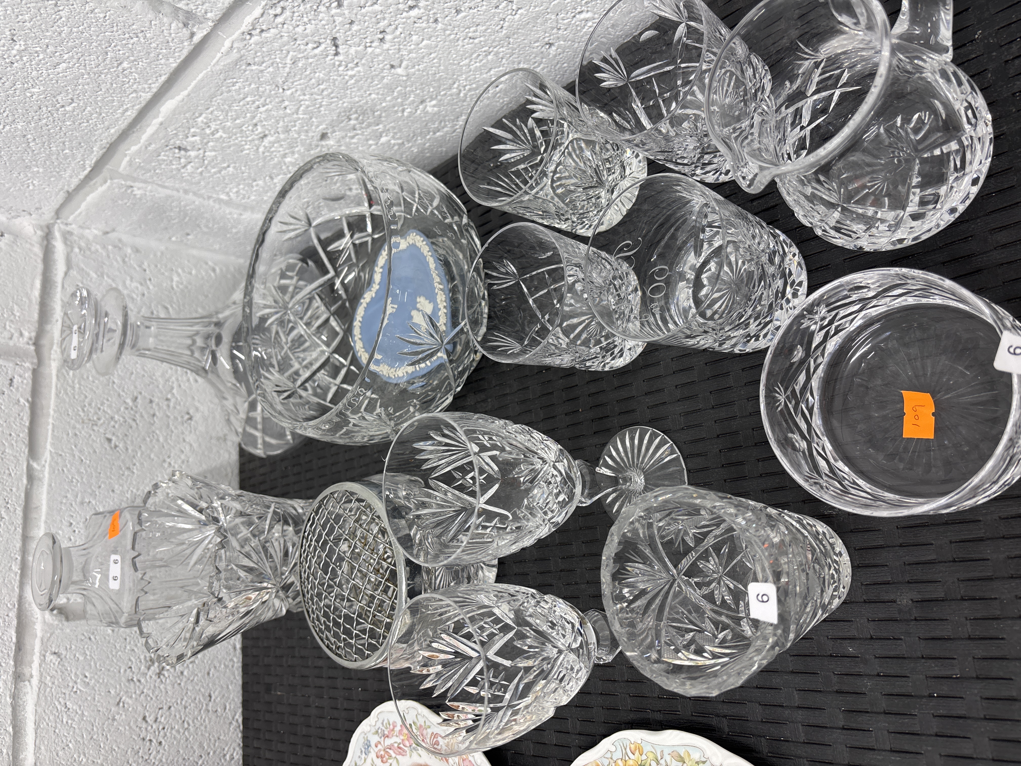 An Assortment of Cut Lead Crystal Tableware Featuring a Blue Jasperware Plaque