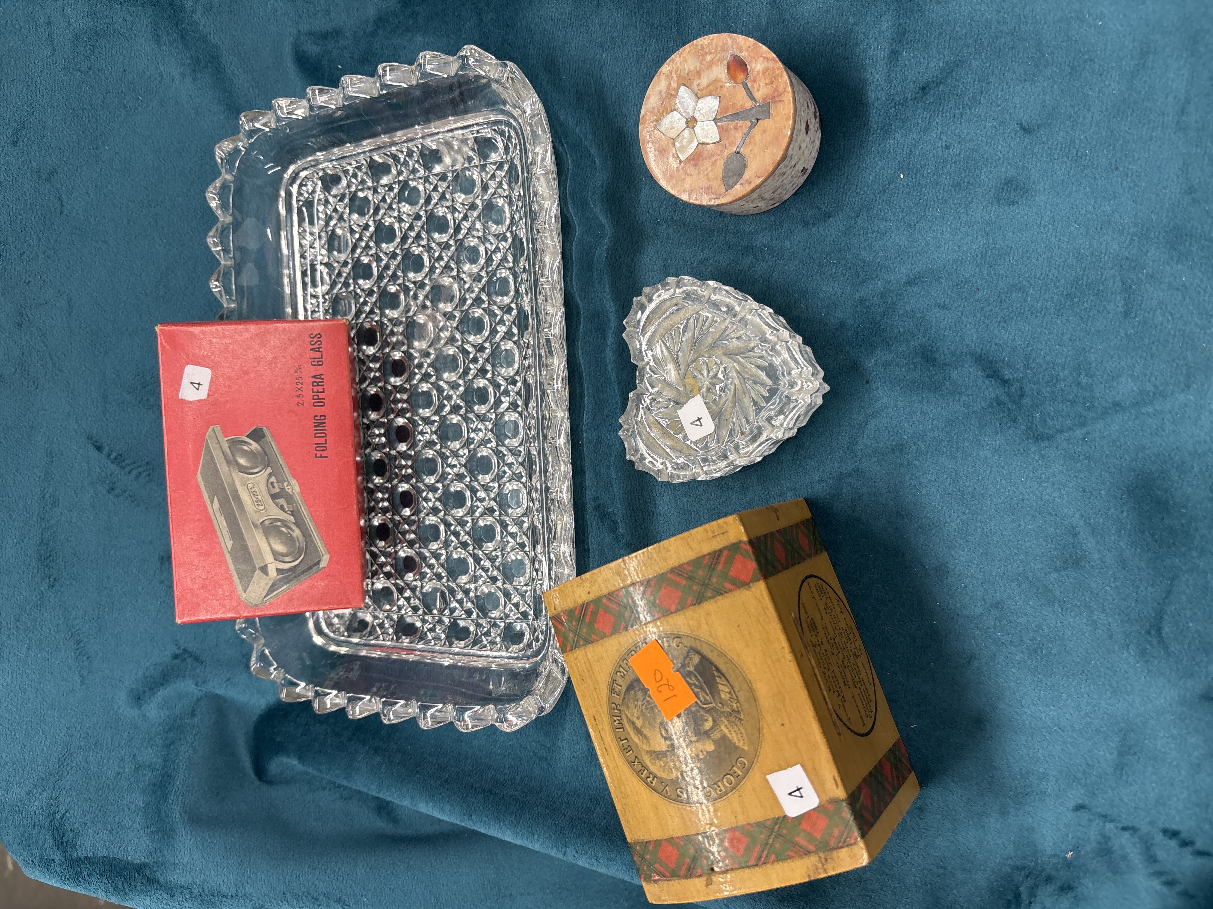 A Collection of Decorative Pressed Glassware, Vintage Boxed Opera Glass, and Commemorative Boxes