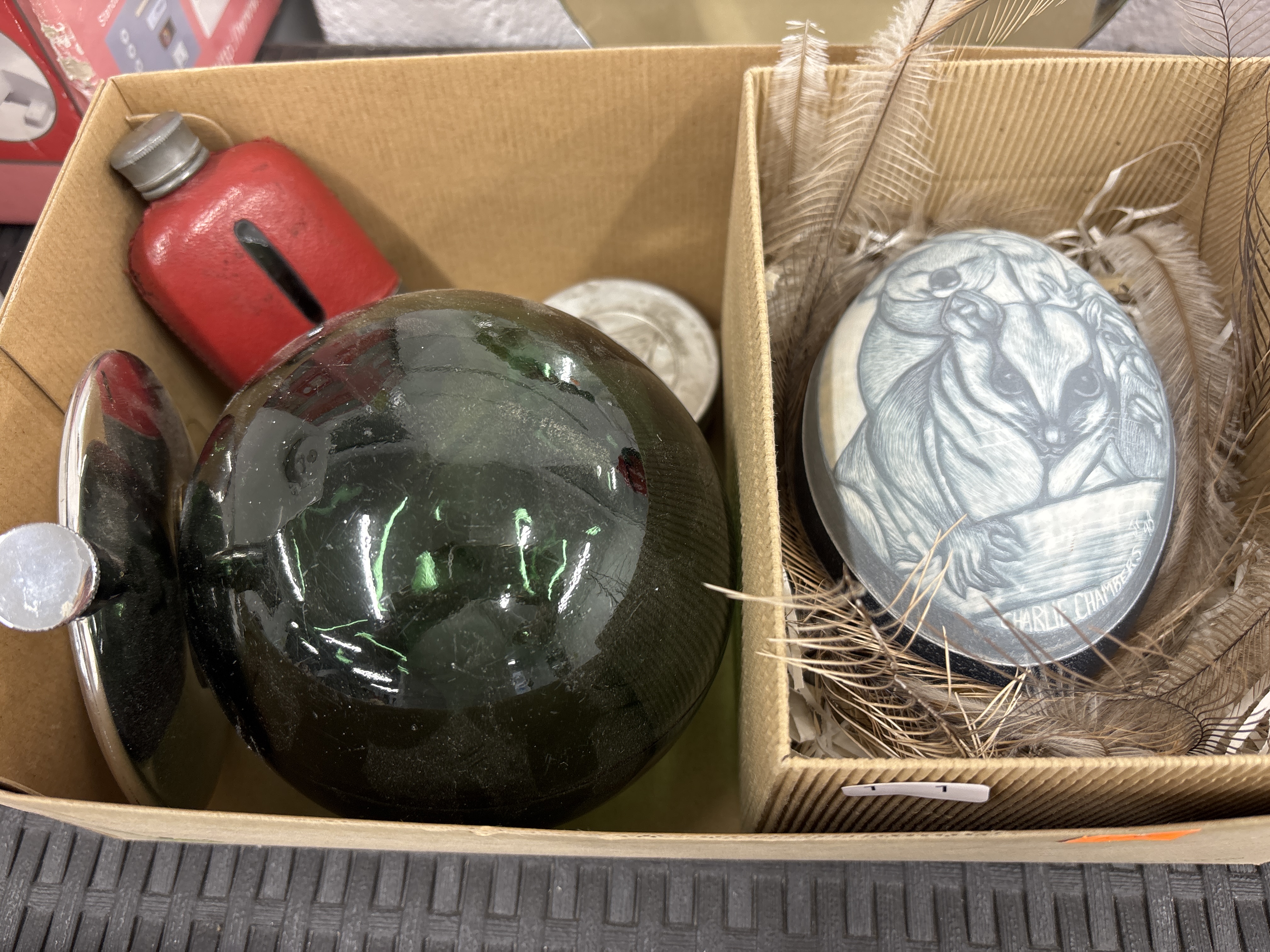 An Assortment of Collectible Items Including a Carved Emu Egg by Charlie Chambers