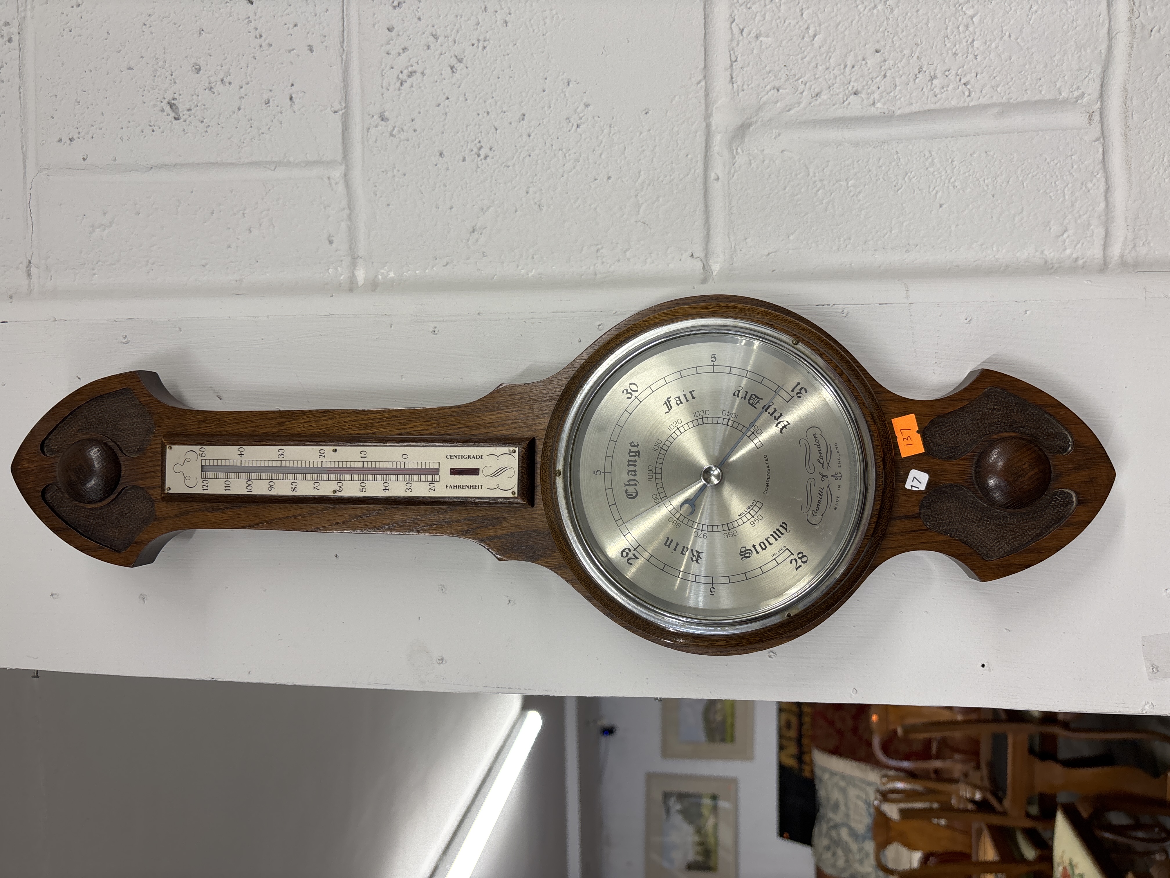 A Comitti of London Oak-Cased Banjo Aneroid Barometer and Thermometer