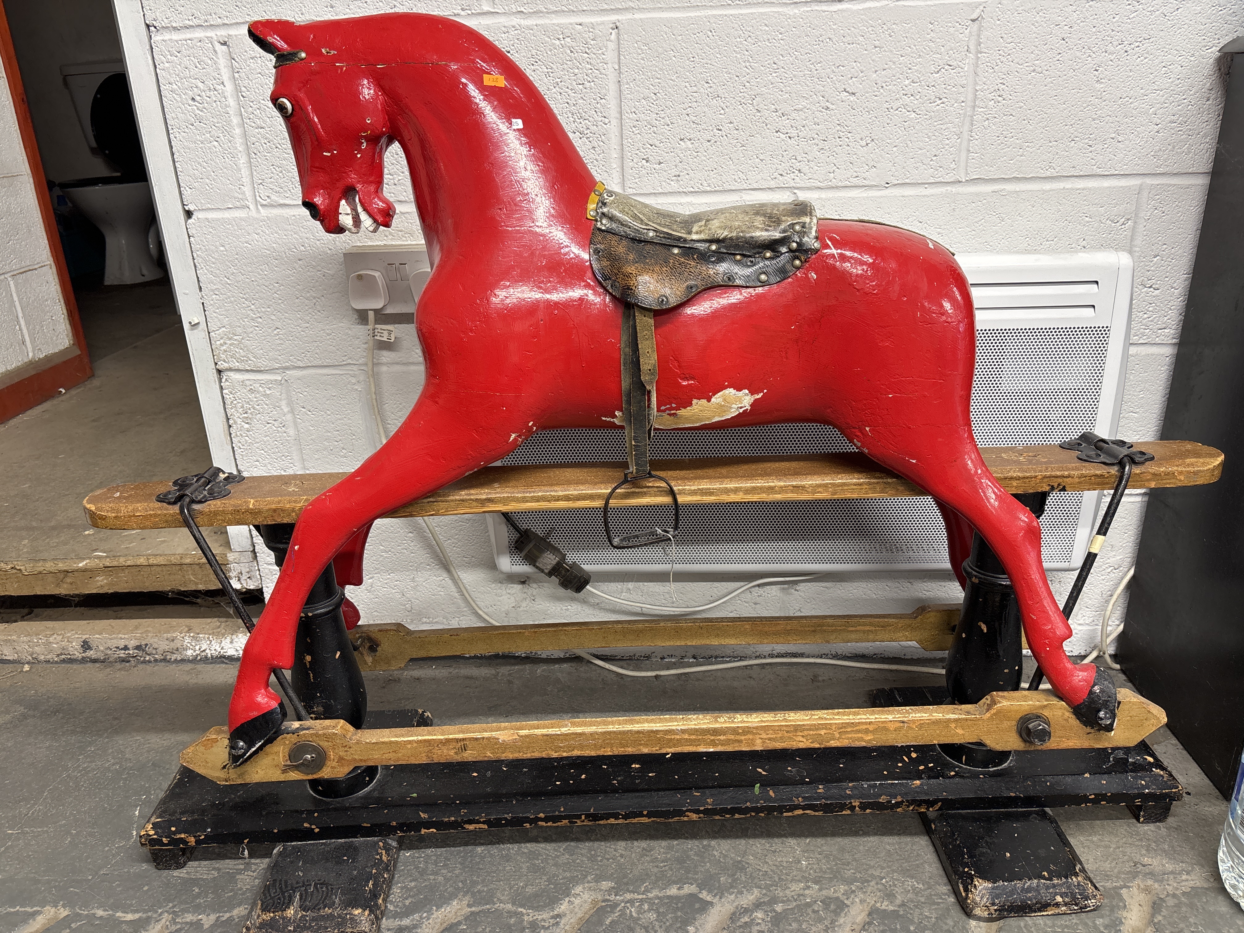Vintage carved wood safety rocking horse on glider stand