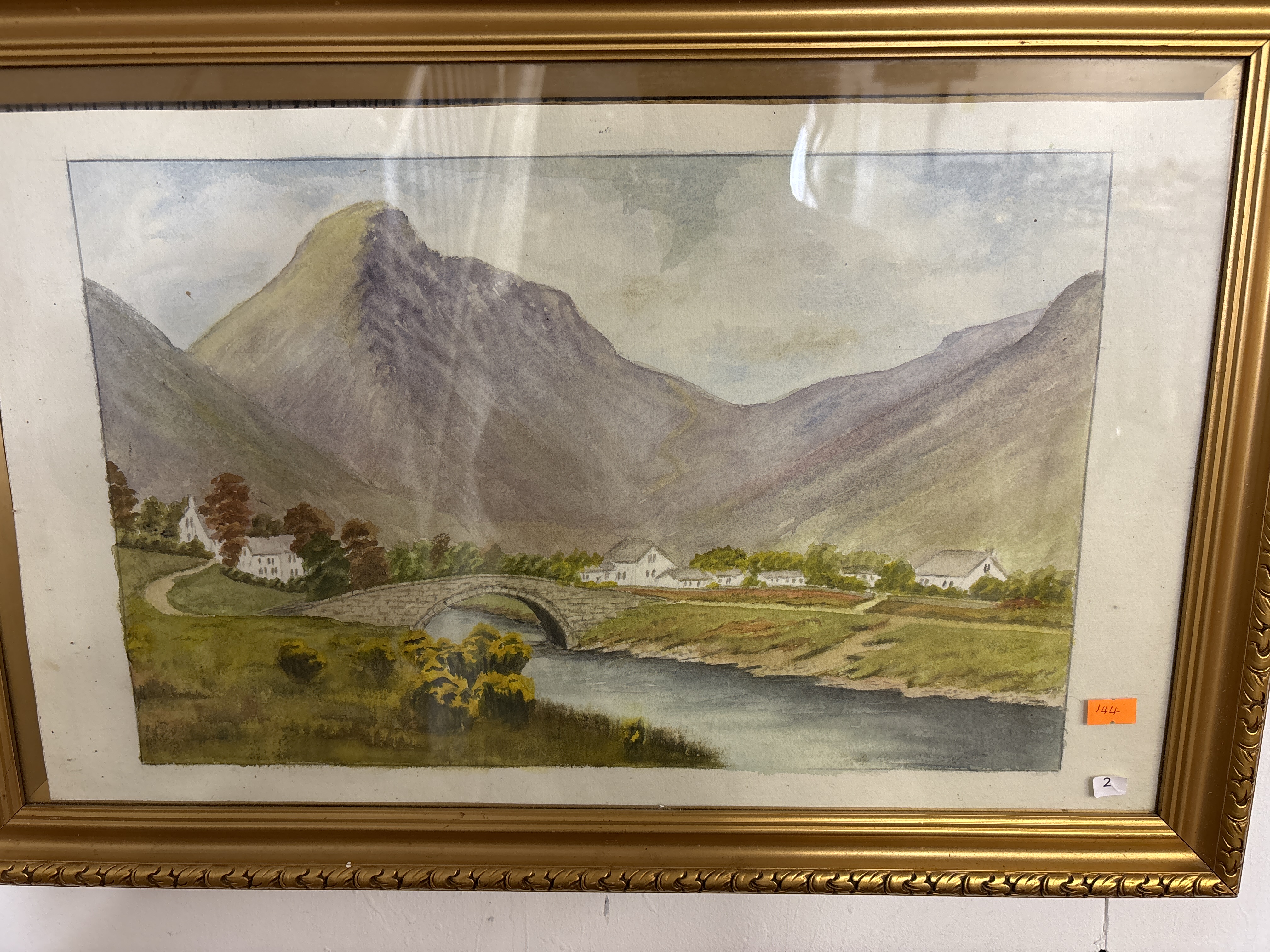 British School, 19th/20th Century, Mountain Landscape with Stone Bridge and Cottages, Watercolour on Paper