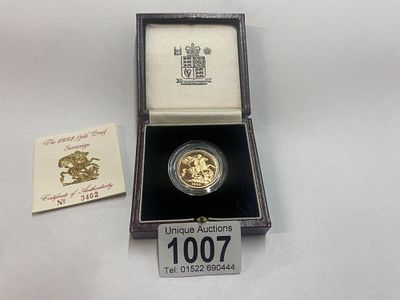 A1992 Gold Proof Sovereign in case, 22ct, 7.98g