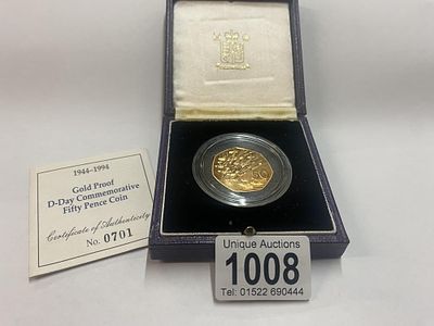A cased Gold Proof D-Day Commemorative 50p, 22ct, 26.32g