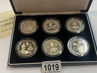 A cased set of 1994 Caribbean Royal Visit Silver Proof Collection coins, comprising 6 silver