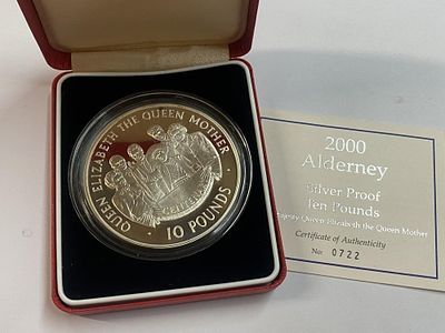 A silver proof £10 coin issued by the Royal Mint for Alderney in 2000, this coin