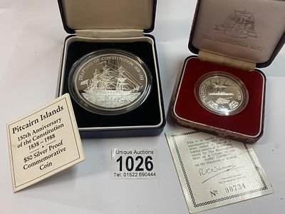 Silver coins to include 1988 Pitcairn 150th Anniversary of the Constitution $50 Silver Proof