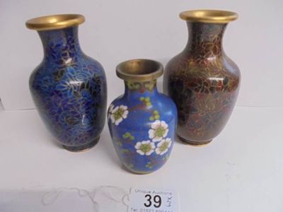 Three Cloissonne' vases all in good condition with no dents.