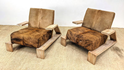 Pr Oak Jean Michel Frank Style Lounge Chairs. Natural Animal Hide on Limed Oak Frames. Stylish. 