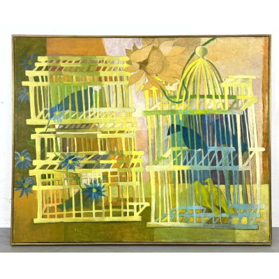 Mid Century Modern Painting on Canvas. Birds with Cages Dimensions: H: 32 inches: W: 40 